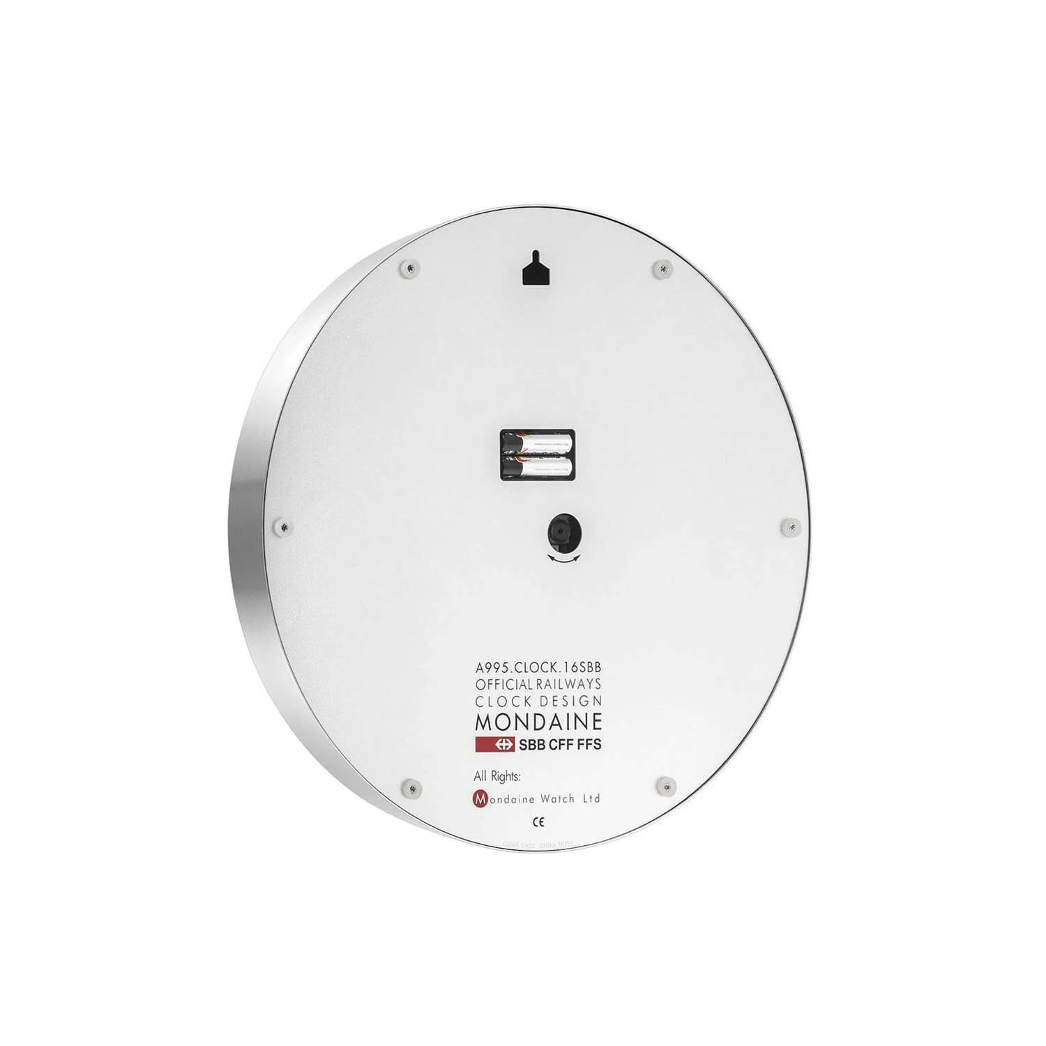 Mondaine, Silver Coloured Wall Clock Mondaine, Silver Coloured Wall Clock with a 40cm diameter aluminium case with a quartz battery featuring a three hand white face.