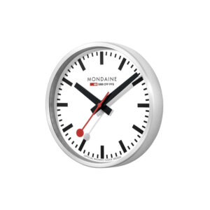 Mondaine, Silver Coloured Wall Clock with a 40cm diameter aluminium case with a quartz battery featuring a three hand white face.