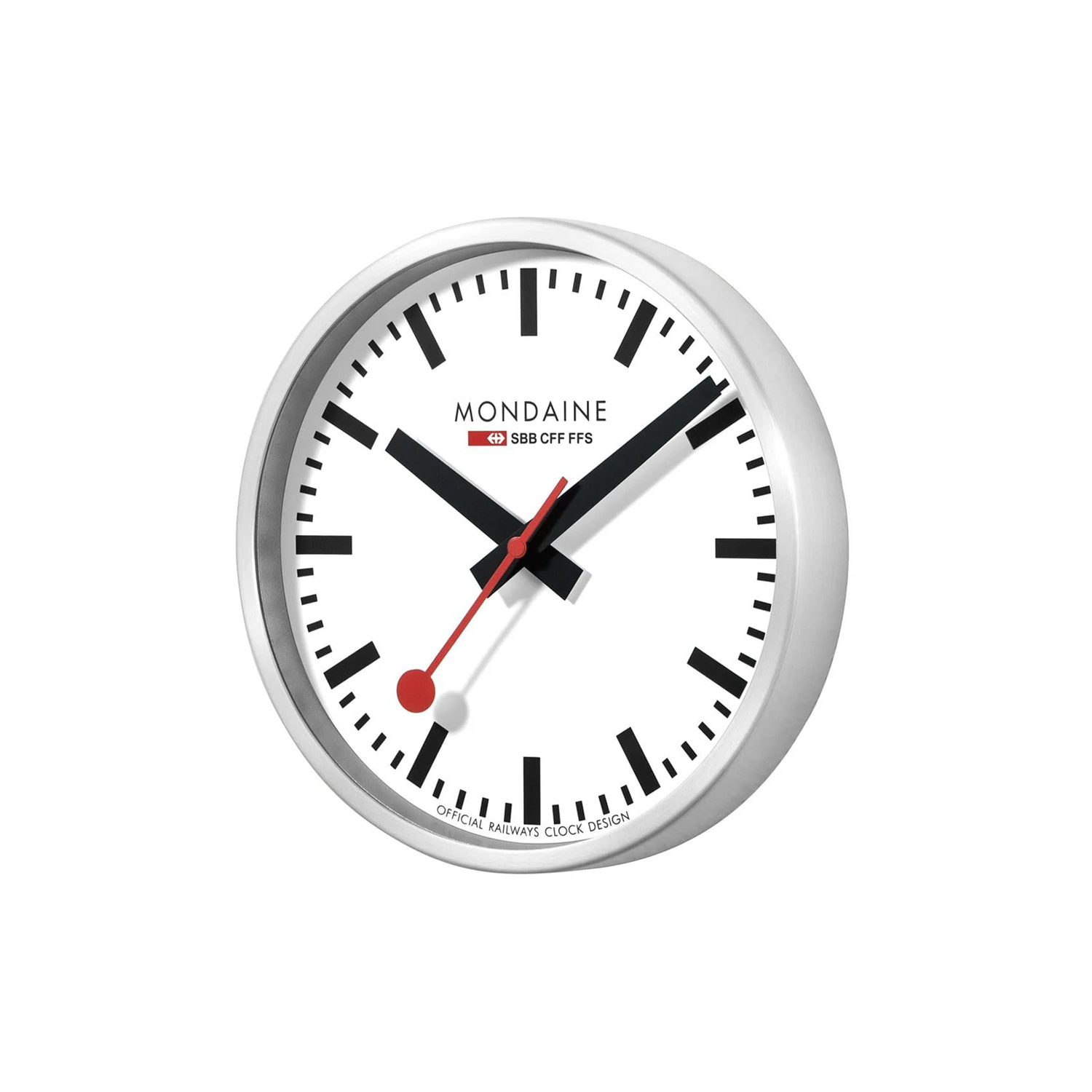 Mondaine, Silver Coloured Wall Clock Mondaine, Silver Coloured Wall Clock with a 40cm diameter aluminium case with a quartz battery featuring a three hand white face.