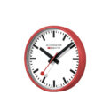 Mondaine, Red Wall Clock with a 25cm diameter aluminium case with a quartz battery featuring a three hand white face.