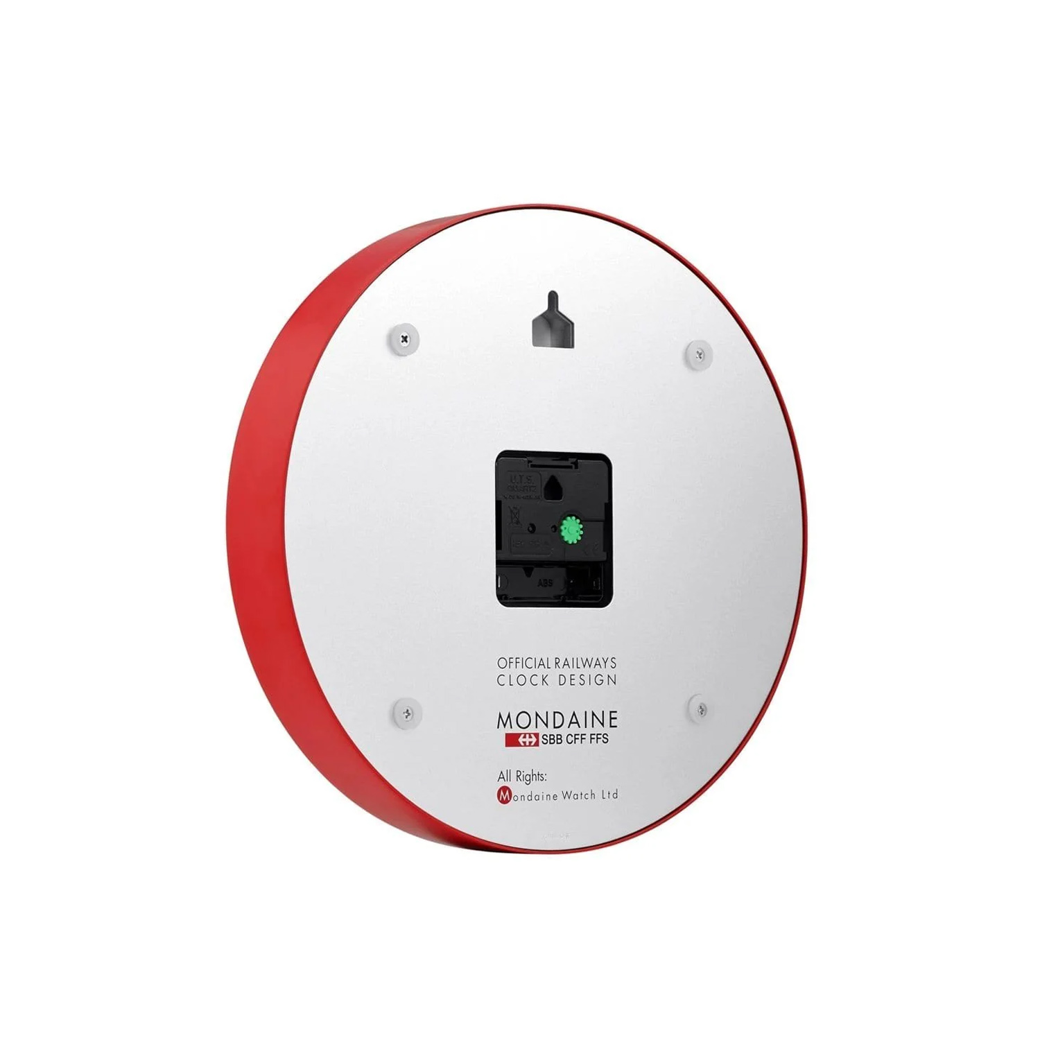 Mondaine, Red Wall Clock with a 25cm diameter aluminium case with a quartz battery featuring a three hand white face.