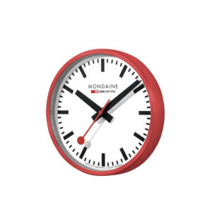 Mondaine, Red Wall Clock with a 25cm diameter aluminium case with a quartz battery featuring a three hand white face.