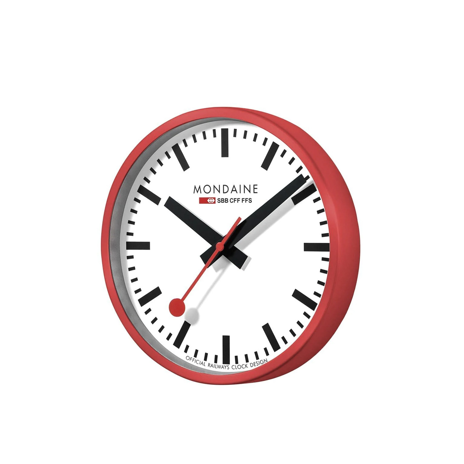 Mondaine, Red Wall Clock with a 25cm diameter aluminium case with a quartz battery featuring a three hand white face.