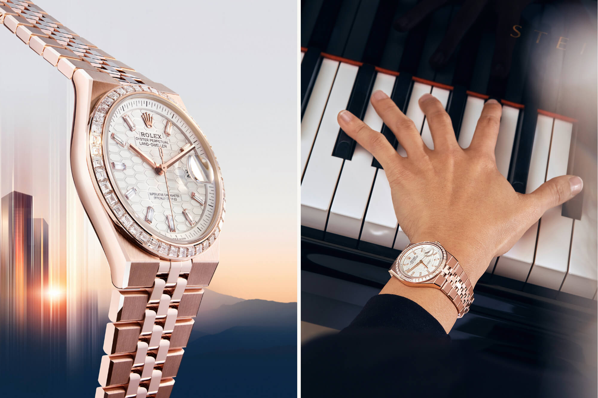 Rolex Land-Dweller and woman's hand playing piano