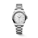 Longines, Conquest with a 30mm stainless steel case and bracelet strap featuring a date function and a white mother of pearl, diamond set dial.