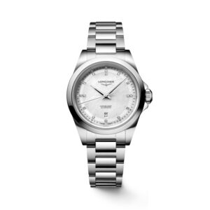 Longines, Conquest with a 30mm stainless steel case and bracelet strap featuring a date function and a white mother of pearl, diamond set dial.