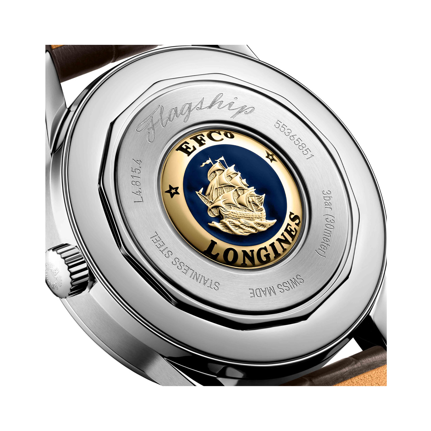 Longines, Flagship Heritage with a 38.5mm stainless steel case and a brown leather strap featuring a moonphase and a havana beige dial.