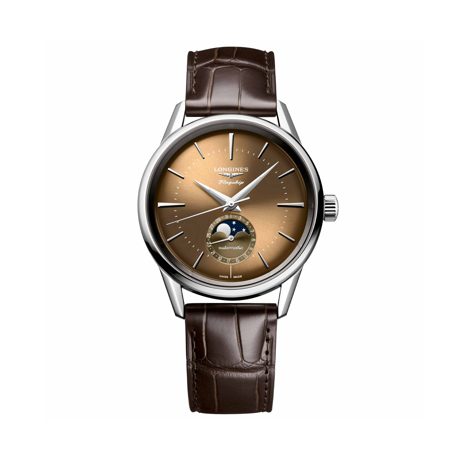 Longines, Flagship Heritage with a 38.5mm stainless steel case and a brown leather strap featuring a moonphase and a havana beige dial.