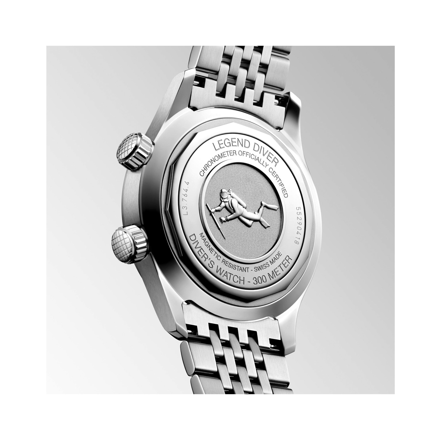 Longines, Legend Diver with a 39mm stainless steel case and bracelet strap featuring a green arabic numeral dial.