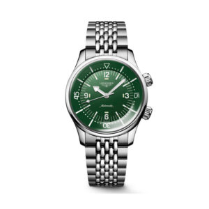 Longines, Legend Diver with a 39mm stainless steel case and bracelet strap featuring a green arabic numeral dial.