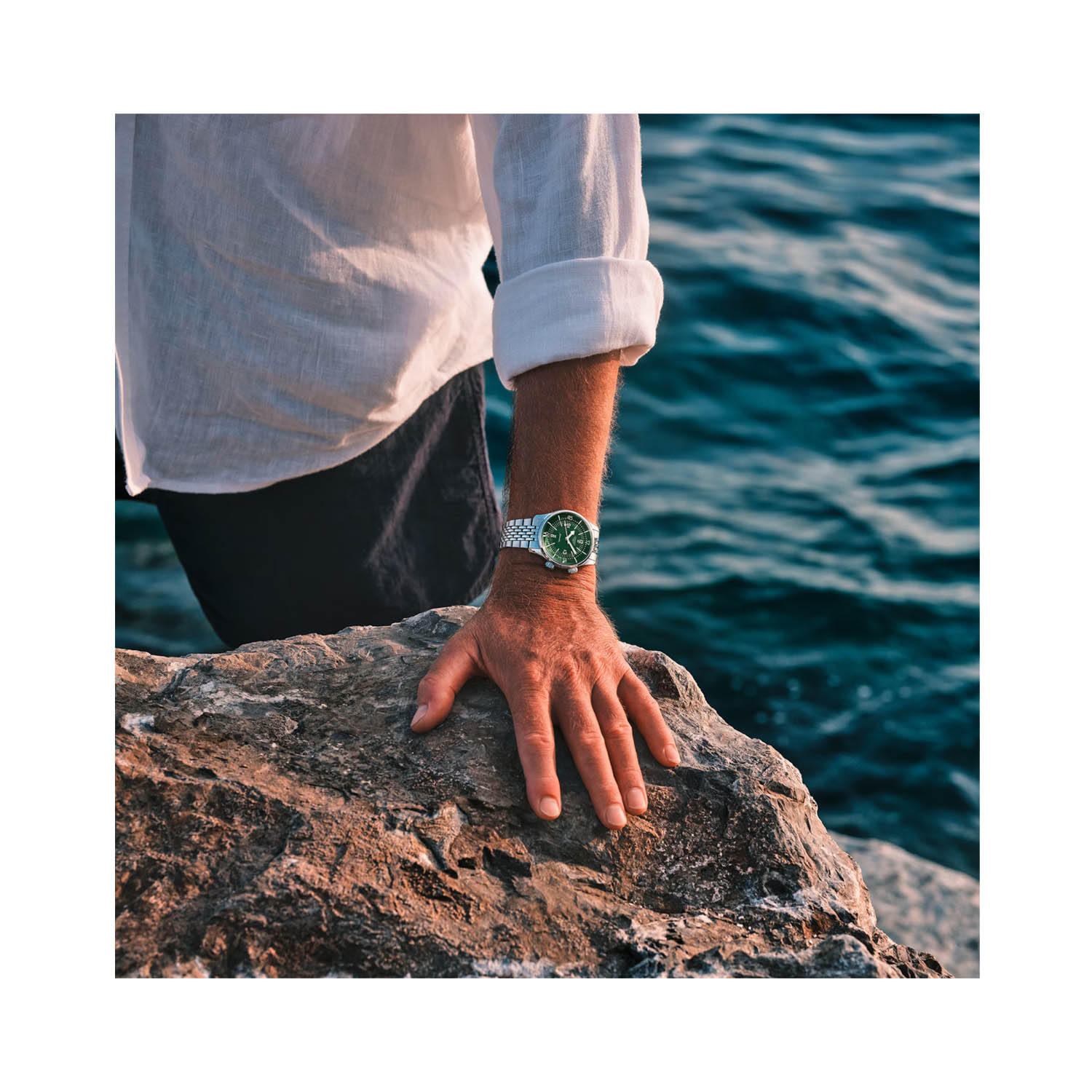 Longines, Legend Diver with a 39mm stainless steel case and bracelet strap featuring a green arabic numeral dial.