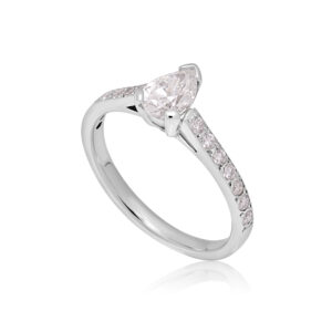 Platinum Pear Shaped Diamond Single Stone Ring with Diamond Shoulders