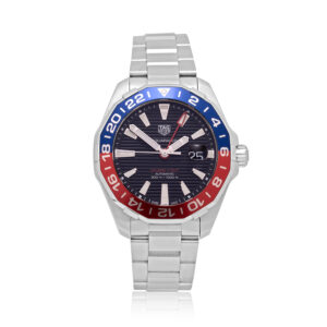 Tag Heuer, Aquaracer GMT with a 43mm stainless steel case and bracelet strap featuring a date function, GMT and a black dial with a blue and red bezel. Supplied with original box and guarantee dated 2019.