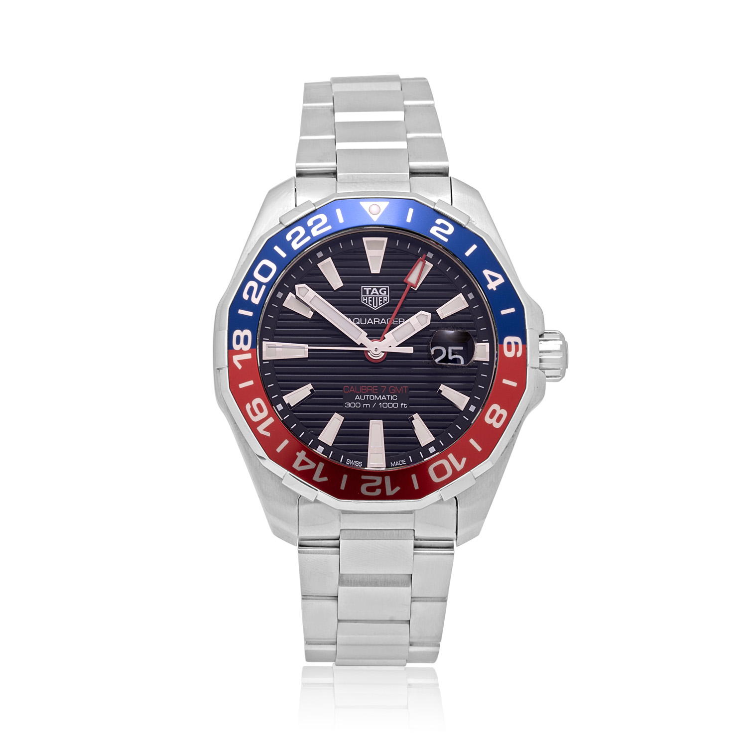 Tag Heuer, Aquaracer GMT, Automatic Men's Watch Tag Heuer, Aquaracer GMT with a 43mm stainless steel case and bracelet strap featuring a date function, GMT and a black dial with a blue and red bezel. Supplied with original box and guarantee dated 2019.