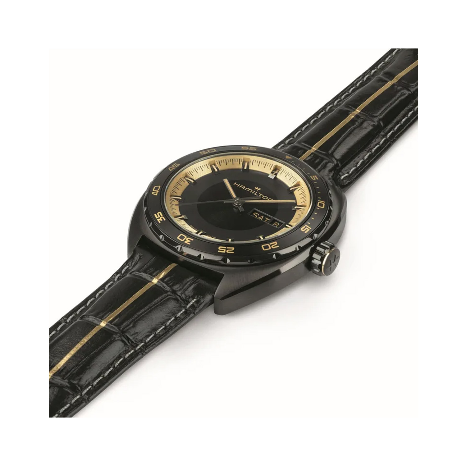 Hamilton, Pan Europ Resident Evil Requiem Limited Edition, Automatic Men's Watch Hamilton, American Classic Pan Europ Resident Evil Requiem Limited Edition with a 42mm stainless steel case and black leather strap featuring a day date function on a black dial with a black and gold bezel.