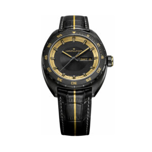 Hamilton, American Classic Pan Europ Resident Evil Requiem Limited Edition with a 42mm stainless steel case and black leather strap featuring a day date function on a black dial with a black and gold bezel.