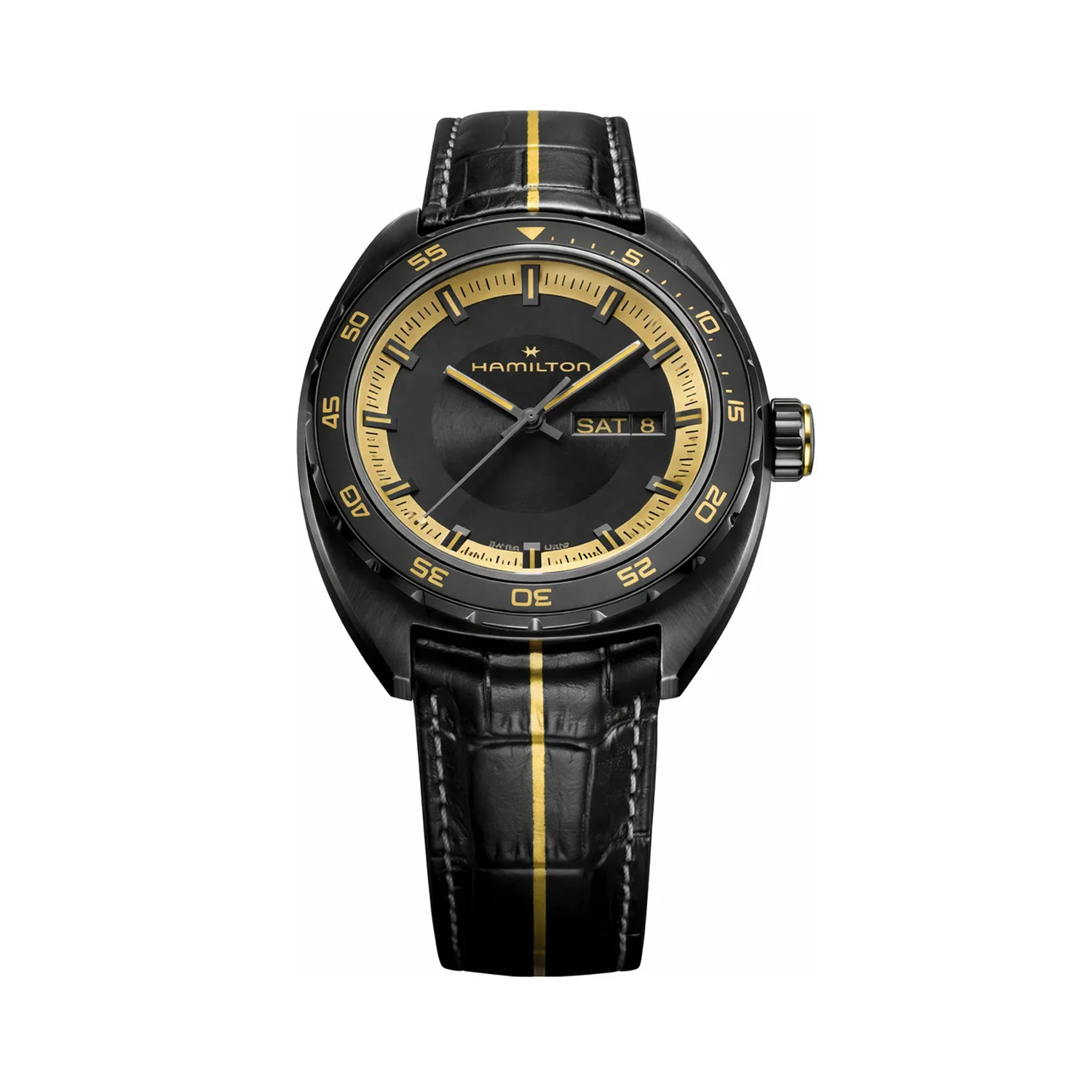 Hamilton, Pan Europ Resident Evil Requiem Limited Edition, Automatic Men's Watch Hamilton, American Classic Pan Europ Resident Evil Requiem Limited Edition with a 42mm stainless steel case and black leather strap featuring a day date function on a black dial with a black and gold bezel.