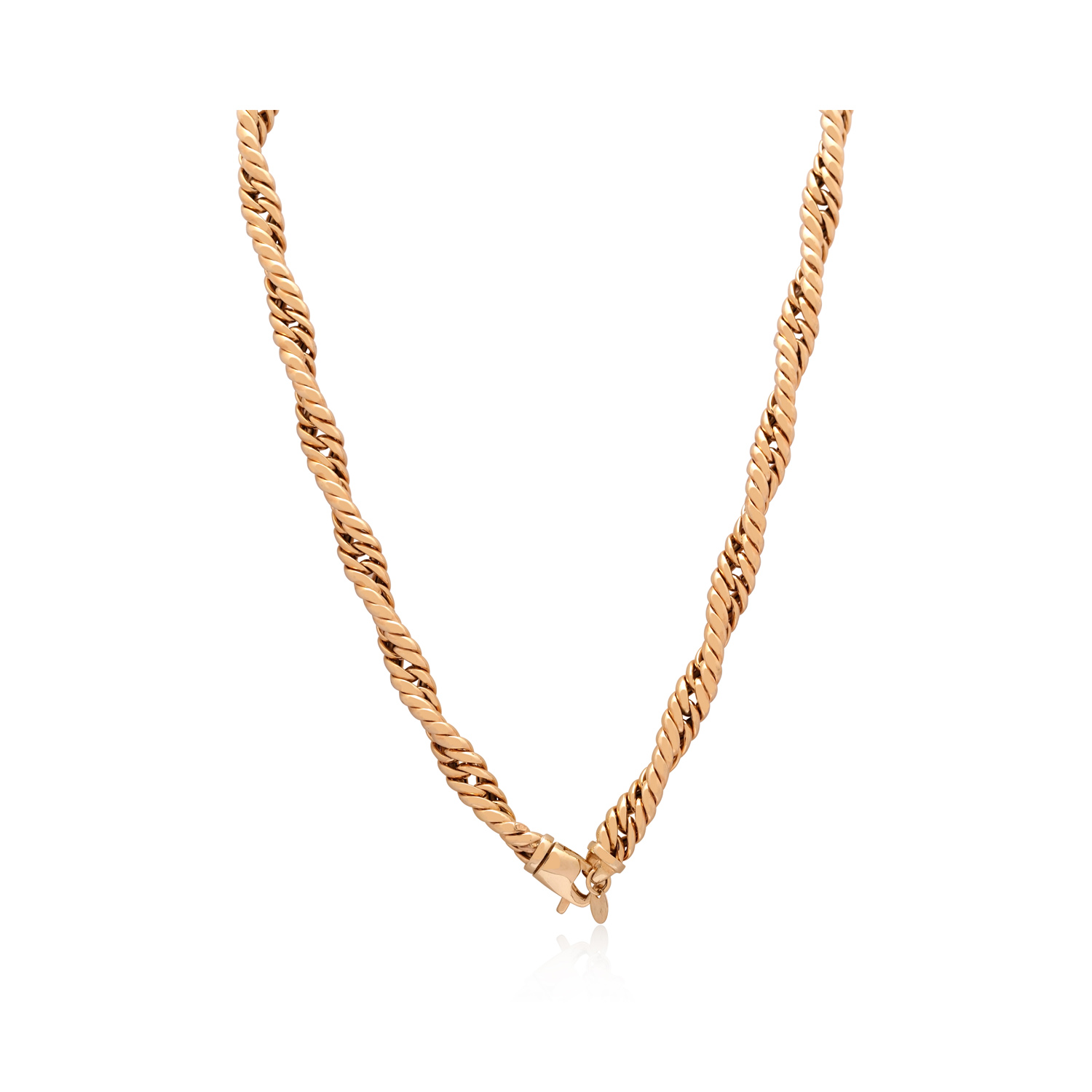 A 9ct yellow gold twisted curb necklace with a clasp at the back.