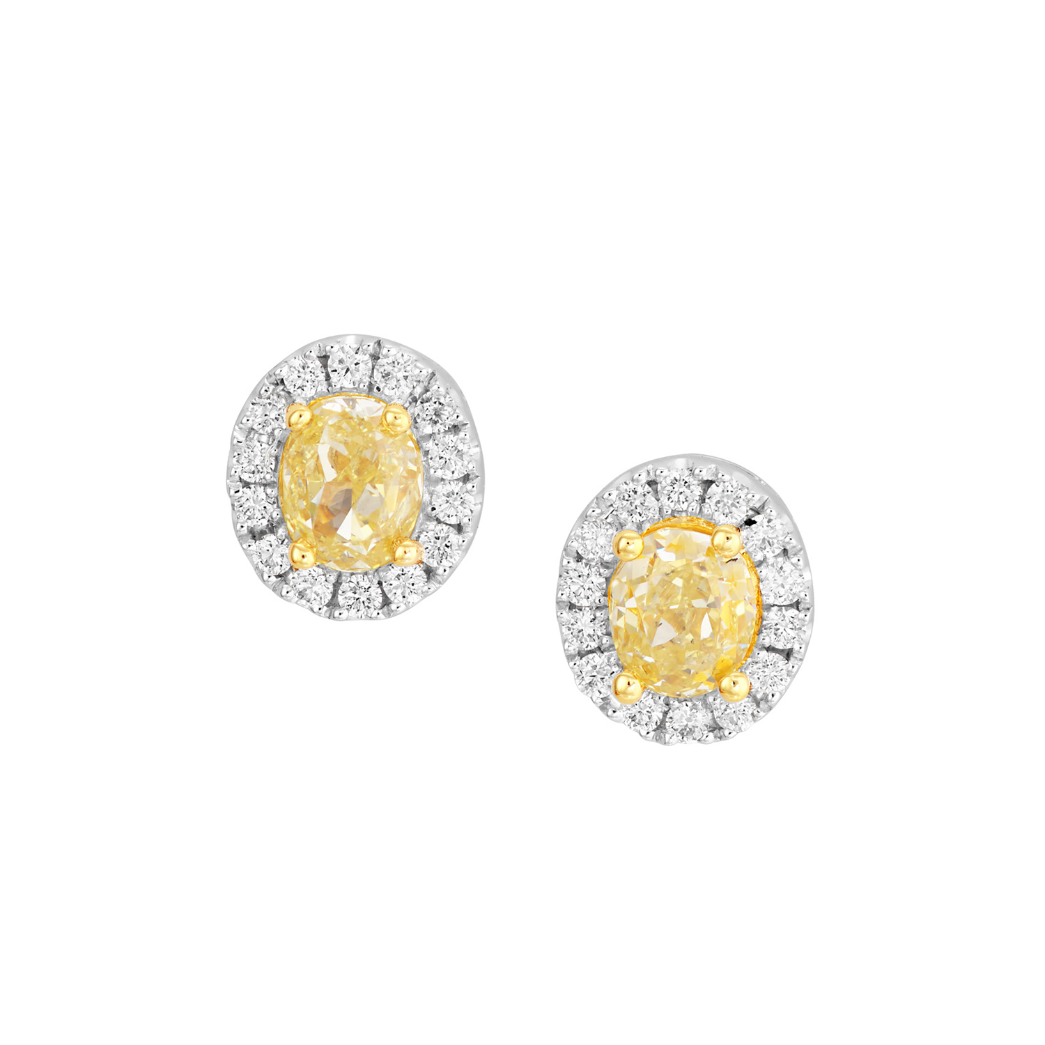 A pair of platinum and 18ct yellow gold fancy yellow oval diamond cluster earrings for pierced ears.