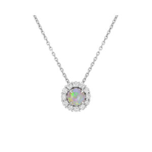 An 18ct white gold black opal and diamond round cluster pendant on a 16 inch trace chain.