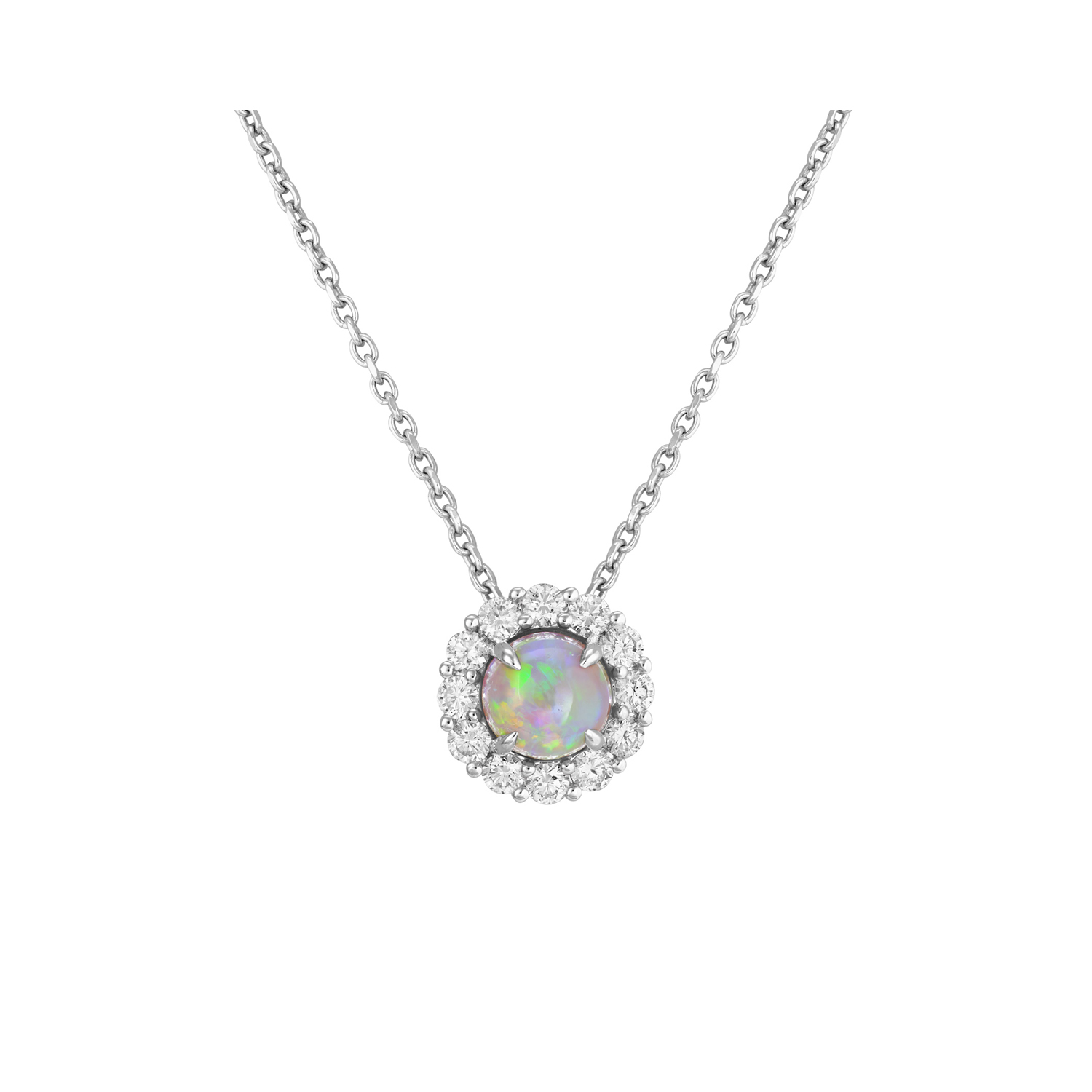 An 18ct white gold black opal and diamond round cluster pendant on a 16 inch trace chain.