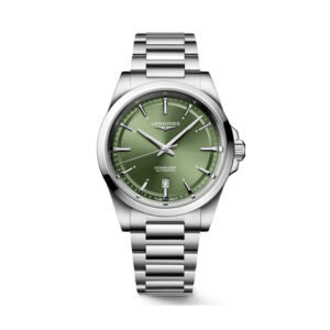 Longines, Conuest with a 41mm stainless steel case and bracelet strap featuring a date function and a sunray green dial.