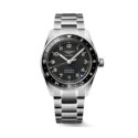 Longines, Spirit Zulu Time with a 39mm stainless steel case and bracelet strap featuring a black dial and ceramic bezel.