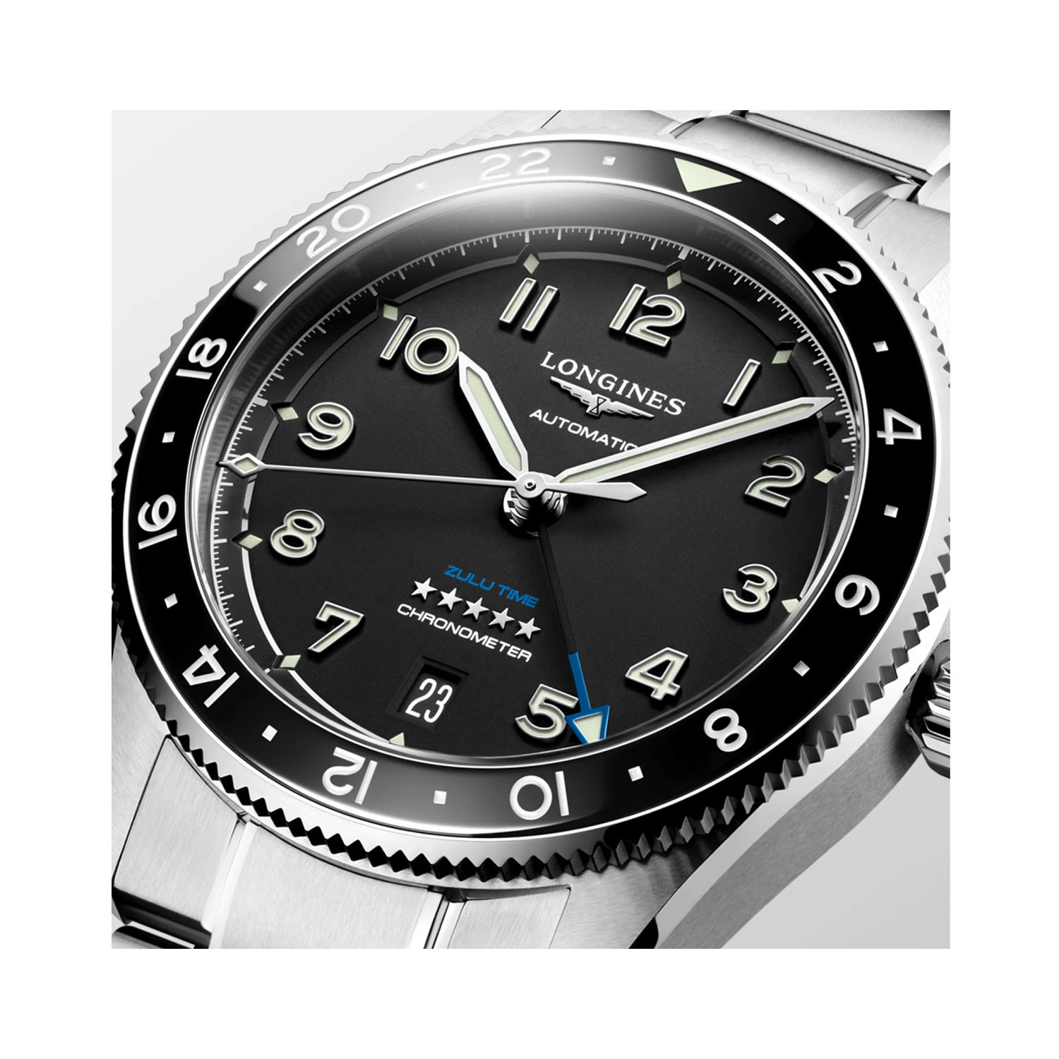 Longines, Spirit Zulu Time with a 39mm stainless steel case and bracelet strap featuring a black dial and ceramic bezel.