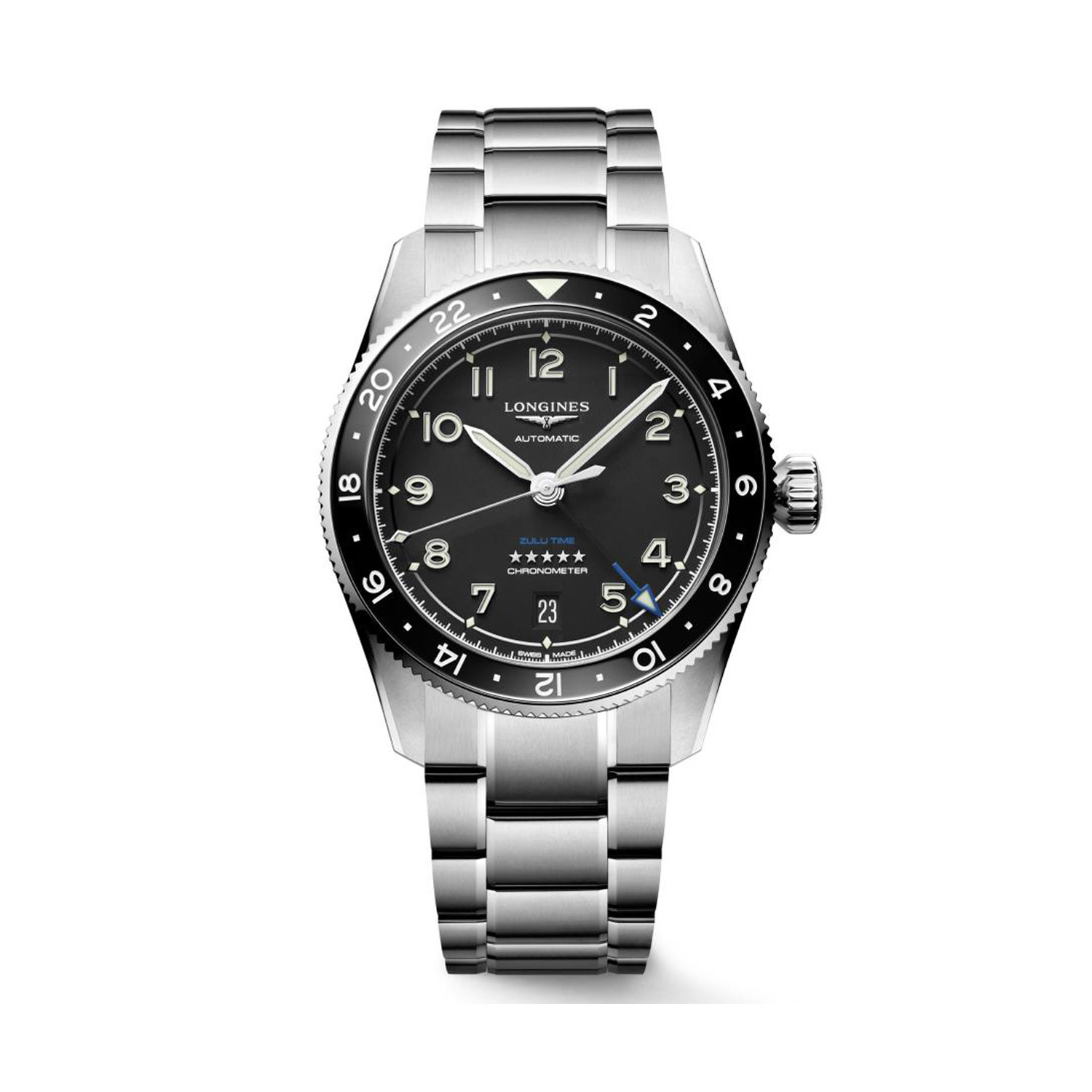 Longines, Spirit Zulu Time with a 39mm stainless steel case and bracelet strap featuring a black dial and ceramic bezel.