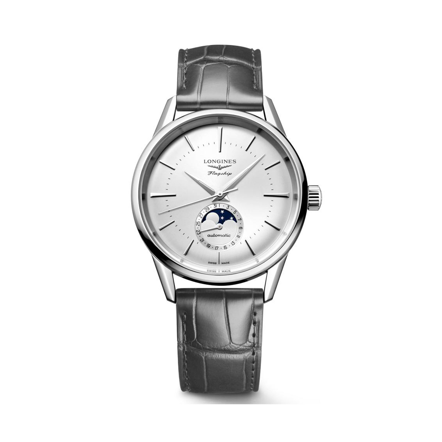 Longines, Flagship Heritage Moonphase, Automatic Men's Watch Longines, Flagship Heritage with a 38.5mm stainless steel case and a grey leather strap featuring a moonphase function and a silver dial.
