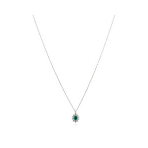An 18ct white gold oval shaped emerald and diamond set cluster pendant and chain.