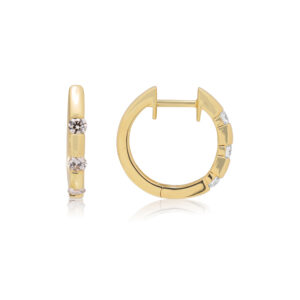 A pair of 18ct yellow gold three stone round brilliant cut diamond hoop earrings, for pierced ears.