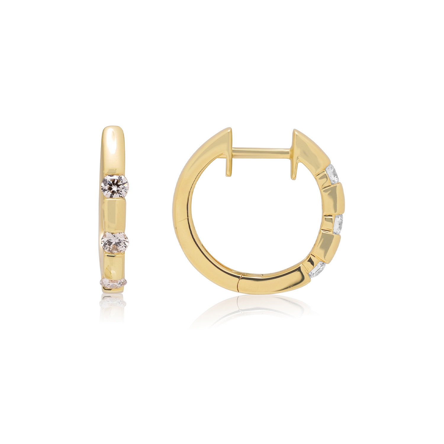 A pair of 18ct yellow gold three stone round brilliant cut diamond hoop earrings, for pierced ears.