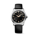 Longines, Conquest Heritage with a 38mm stainless steel case and a black leather strap featuring a black dial.