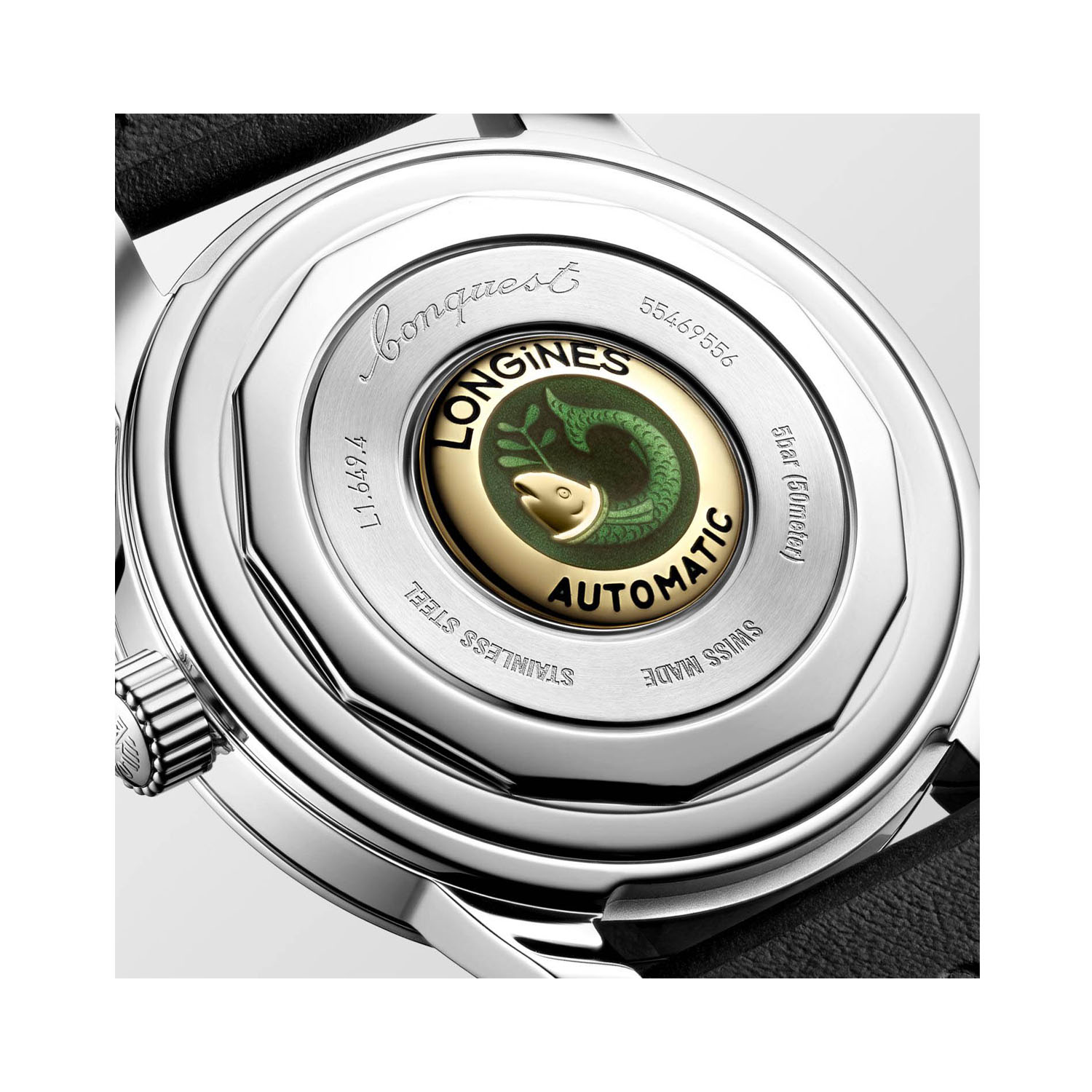 Longines, Conquest Heritage with a 38mm stainless steel case and a black leather strap featuring a black dial.