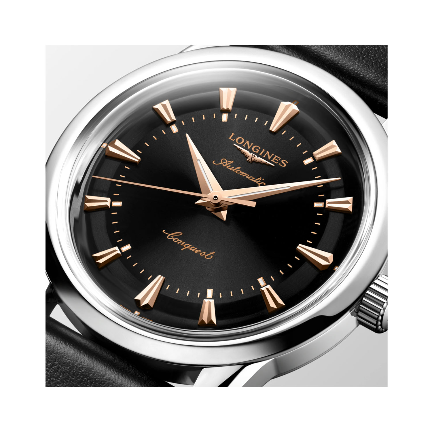 Longines, Conquest Heritage with a 38mm stainless steel case and a black leather strap featuring a black dial.