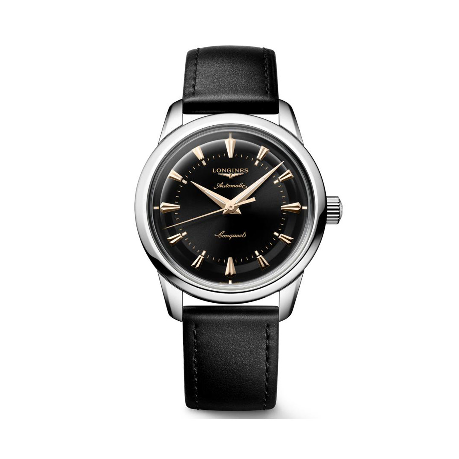 Longines, Conquest Heritage with a 38mm stainless steel case and a black leather strap featuring a black dial.