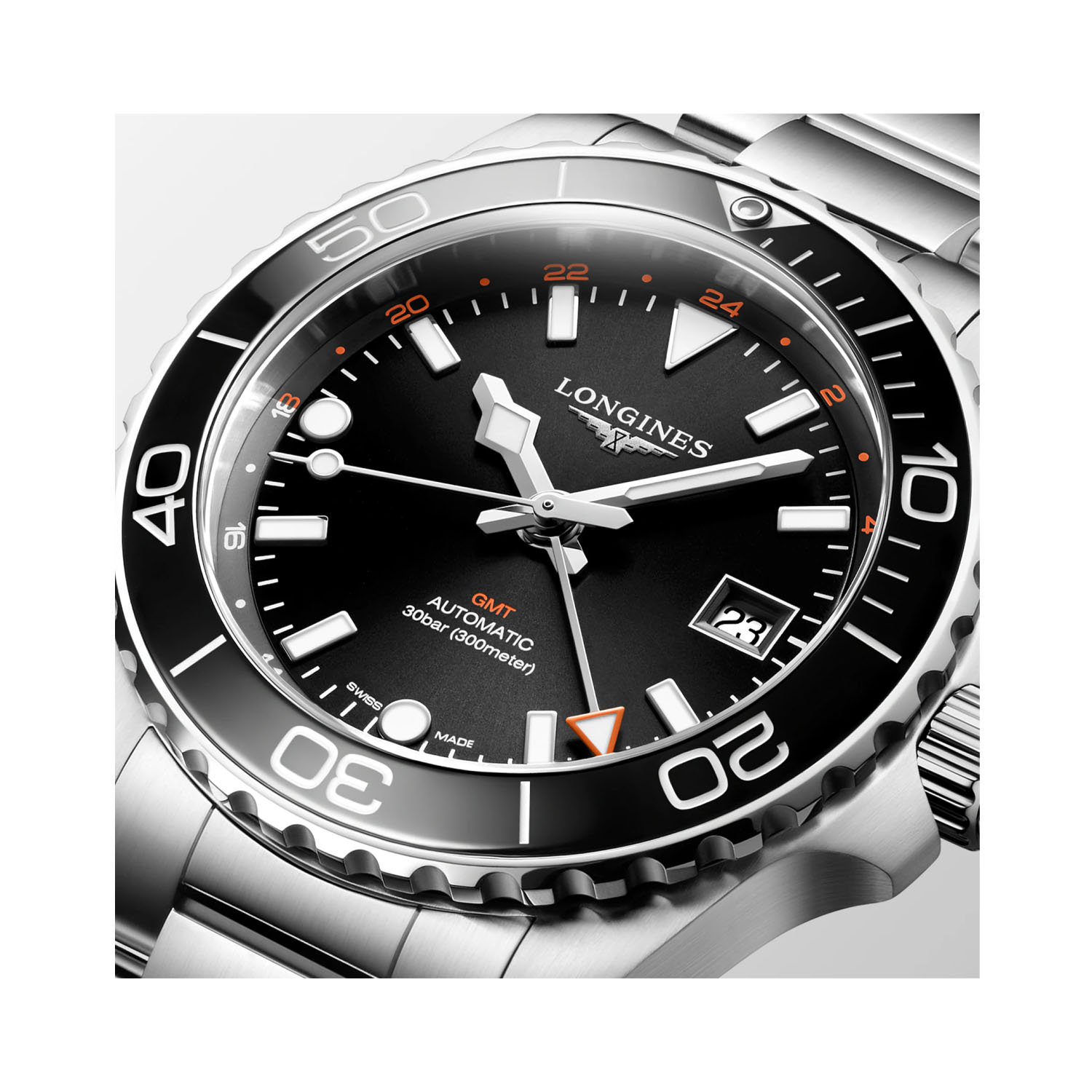 Longines, HydroConquest GMT with 41mm stainless steel case and bracelet strap featuring a date function and a black dial and ceramic bezel.