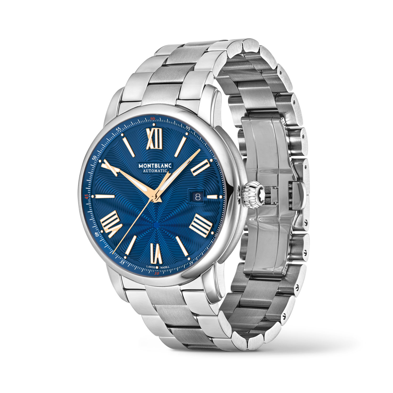 Montblanc, Star Legacy Limited Edition with a 43mm stainless steel case and bracelet strap featuring a date function and a blue star pattern dial.