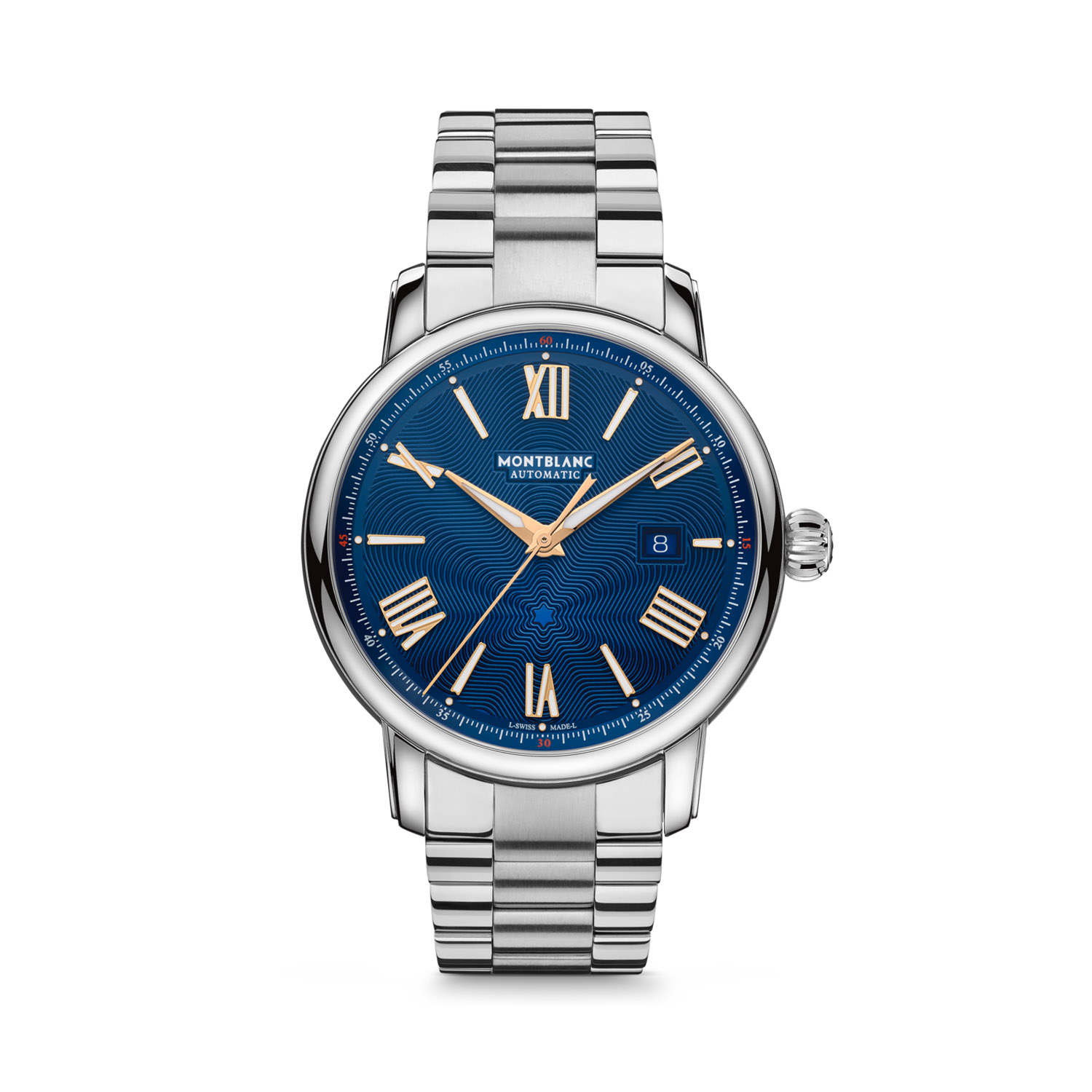 Montblanc, Star Legacy Limited Edition with a 43mm stainless steel case and bracelet strap featuring a date function and a blue star pattern dial.