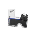 A Montblanc, Ink Bottle with 60ml of Royal Blue ink, containing a front compartment for emptying residue into.