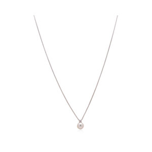 An 18ct white gold single akoya pearl and diamond drop pendant and chain.