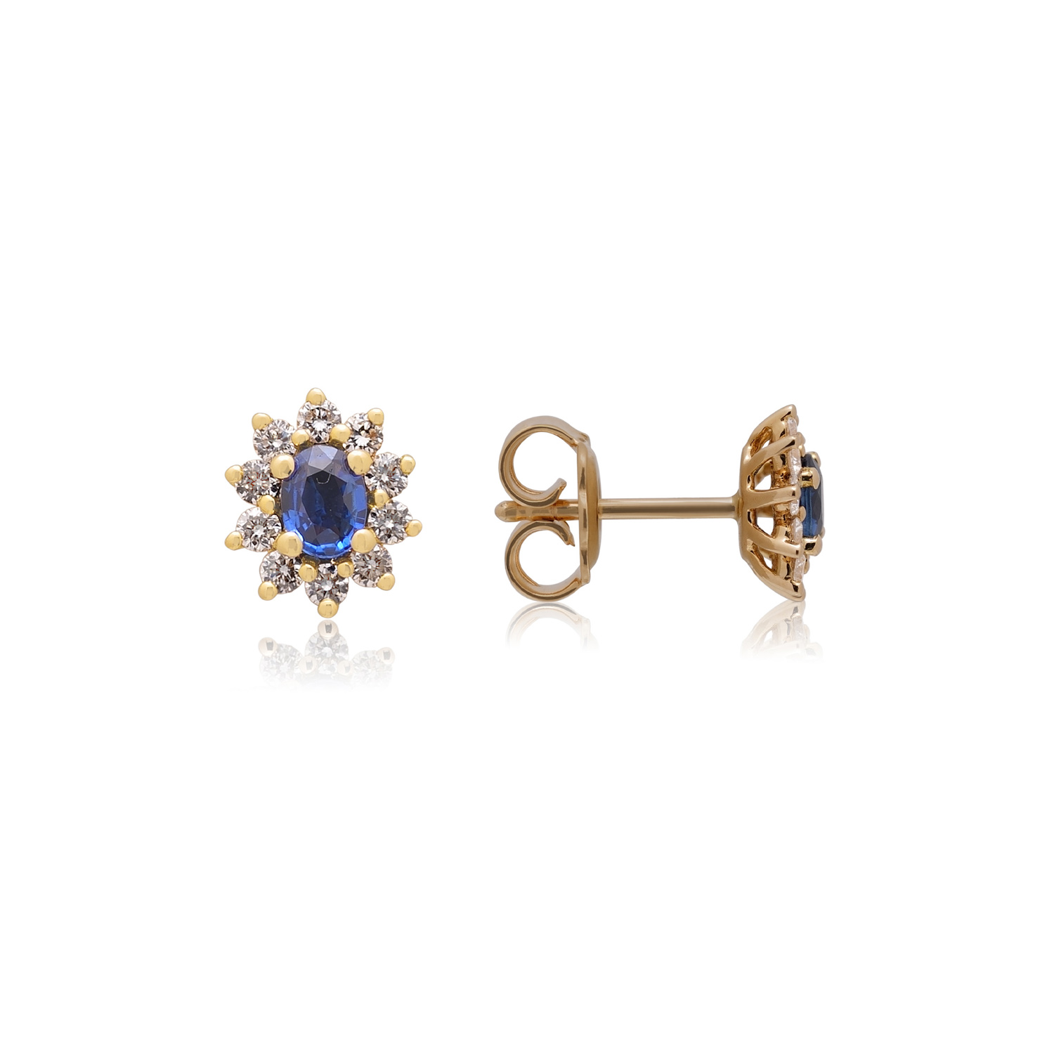 A pair of 18ct yellow gold oval sapphire and diamond set cluster stud earrings, for pierced ears.