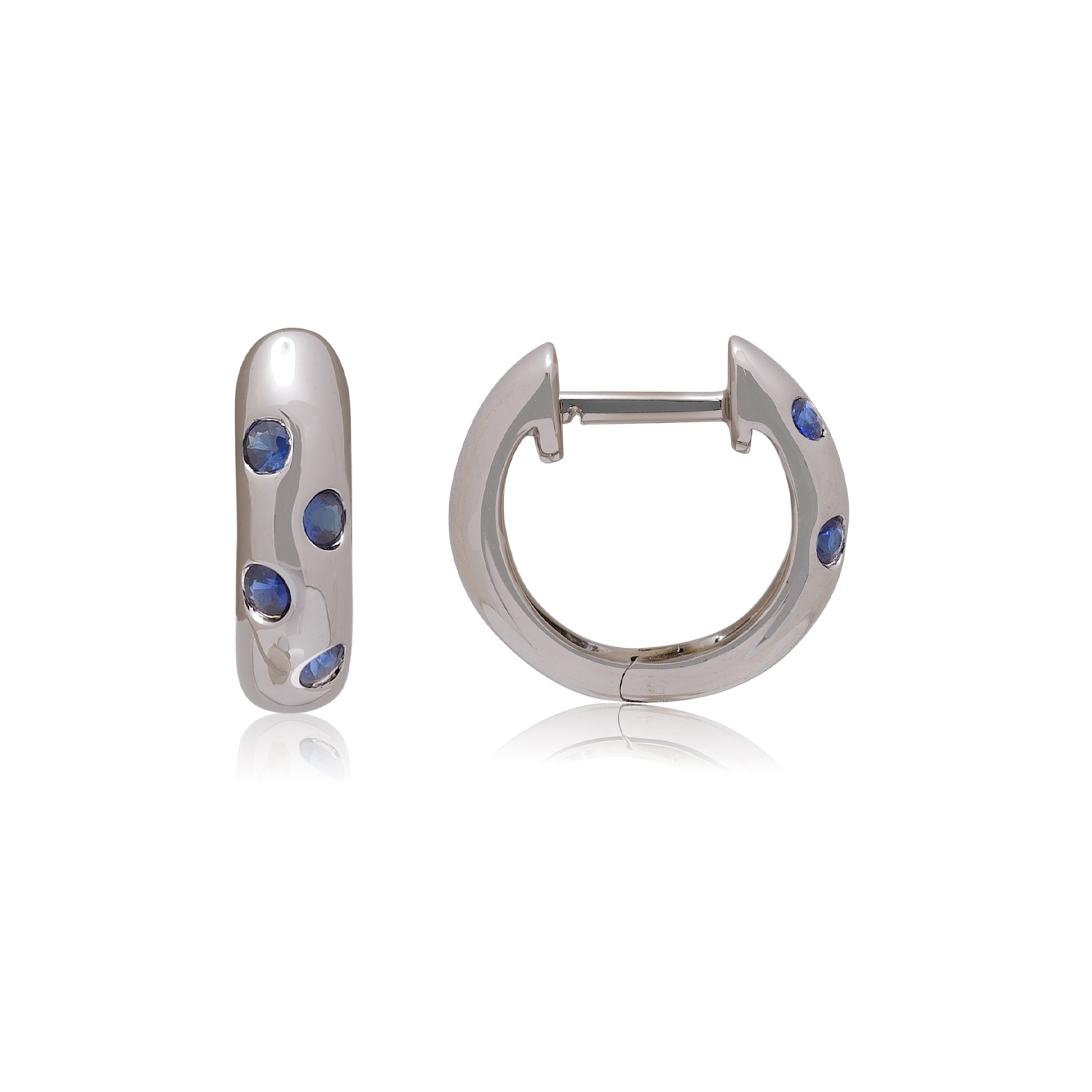 A pair of 18ct white gold hoop style earrings set with four sapphires on each earring, for pierced ears.