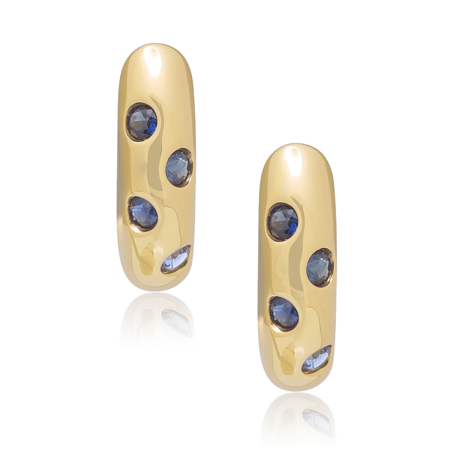 18ct Yellow Gold Sapphire Set Hoop Earrings: 0.17 carats A pair of 18ct yellow gold hoop style earrings set with four sapphires on each earring, for pierced ears.