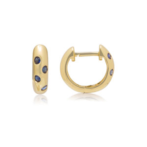 A pair of 18ct yellow gold hoop style earrings set with four sapphires on each earring, for pierced ears.
