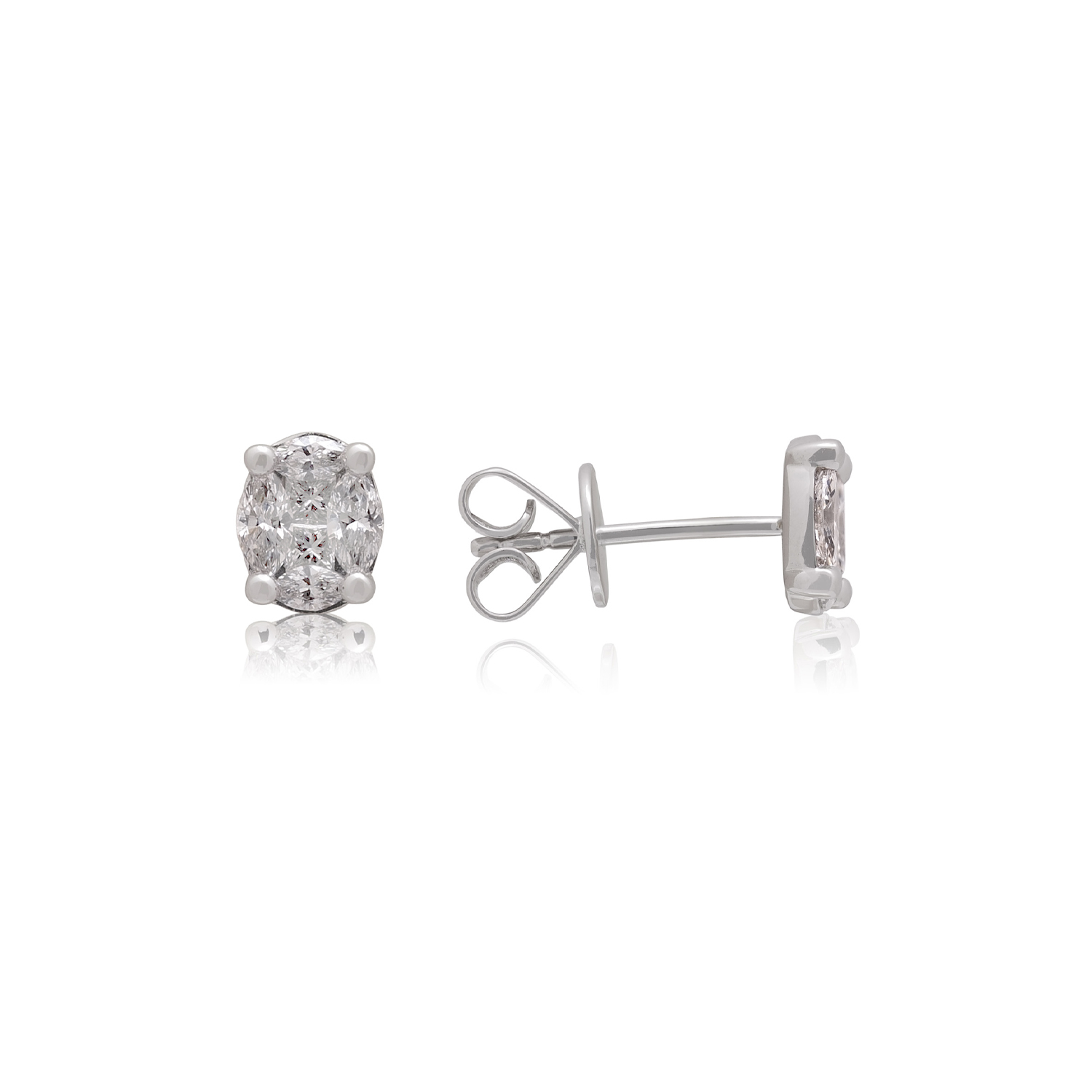 A pair of 18ct white gold marquise and princess cut diamond stud earrings, for pierced ears.