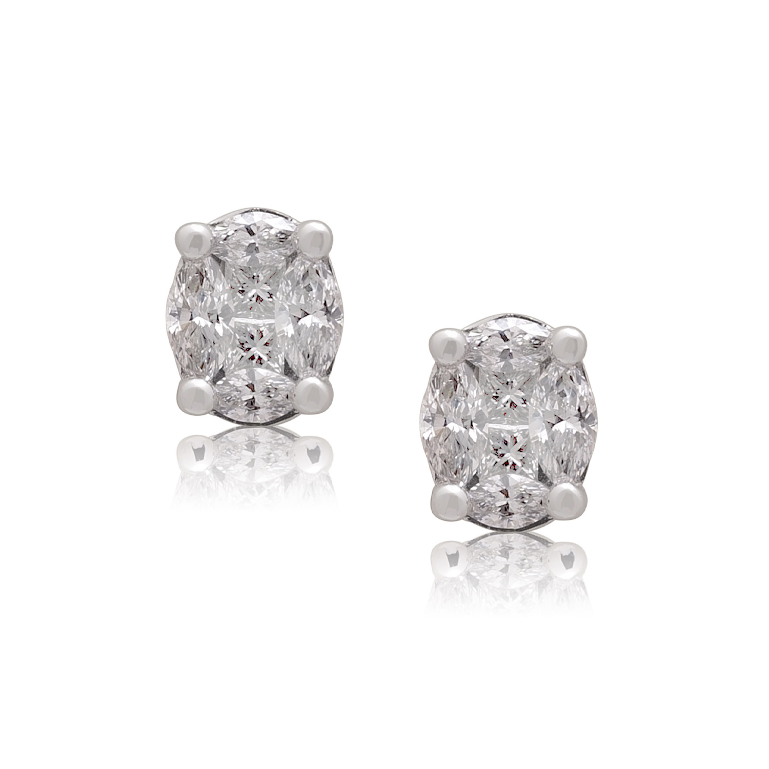 A pair of 18ct white gold marquise and princess cut diamond stud earrings, for pierced ears.