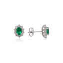 A pair of 18ct white gold oval emerald and diamond set cluster stud earrings, for pierced ears.