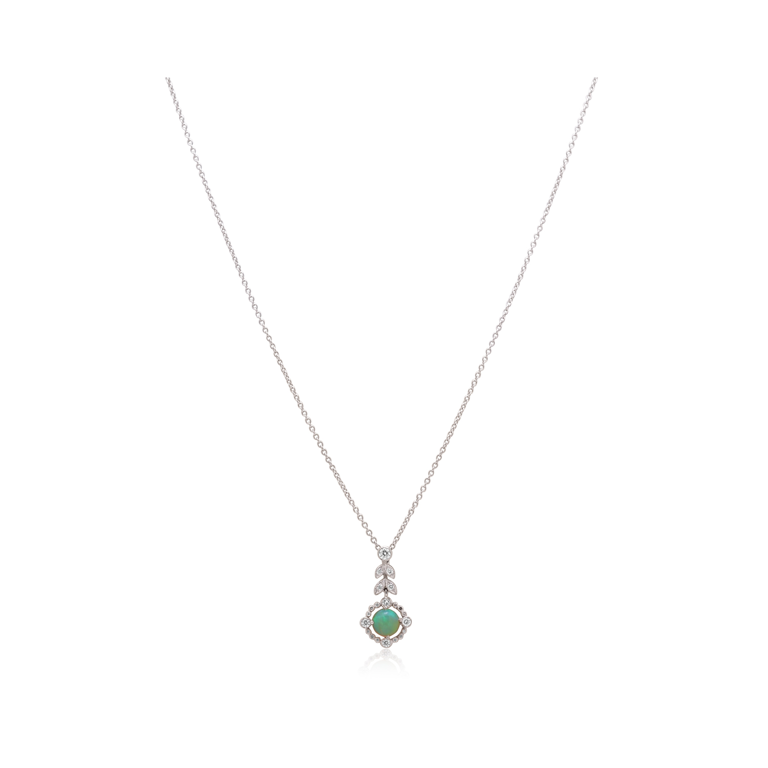 An 18ct white gold Edwardian style opal and diamond set drop cluster pendant and chain.